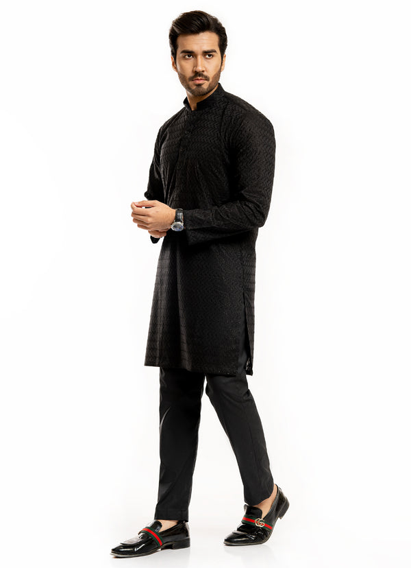 Schiffli Embroidered Black, 100% Cotton Short Kurta