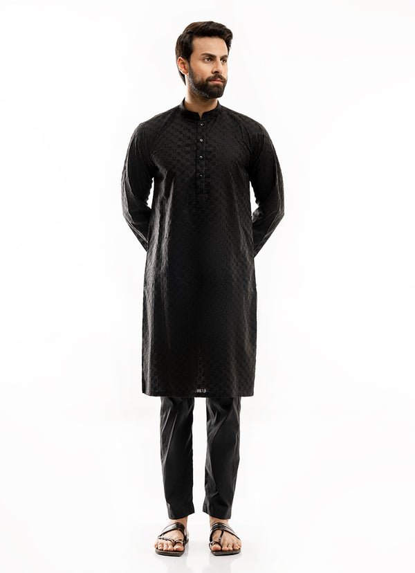 Black Self Embroidered Schiffli Cotton Kurta