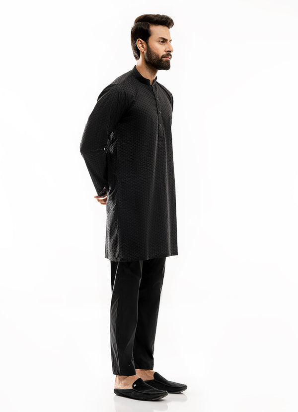 Schiffli Embroidered Black (Geometric pattern), 100% Cotton Short Kurta