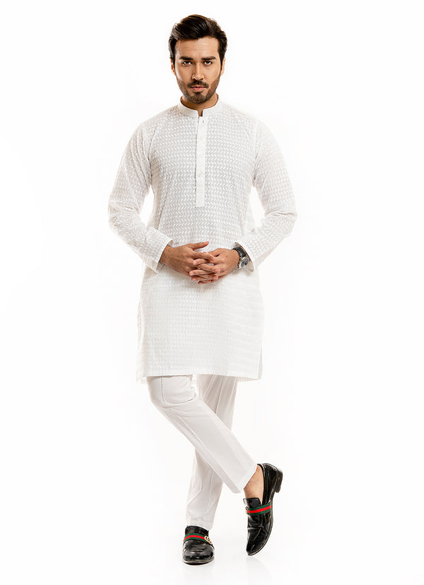 Schiffli Embroidered White, 100% Cotton Short Kurta