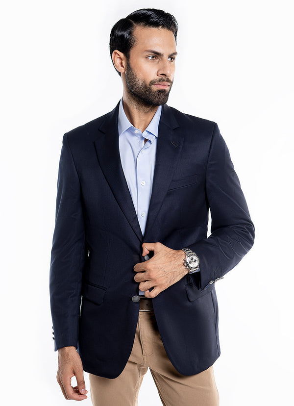 Plain Navy Blue Gaberdine Pure Wool Classic Blazer