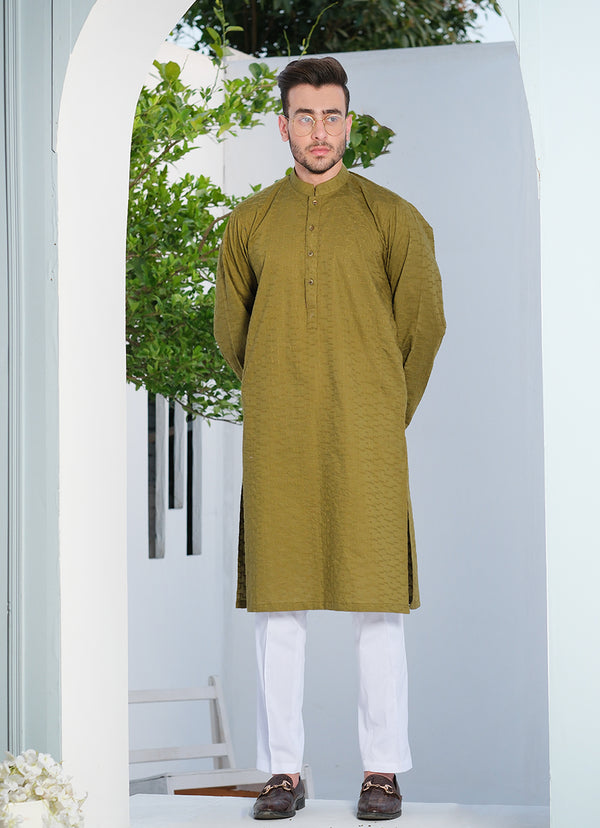 Olive Green Self Embroidered Schiffli Cotton Kurta