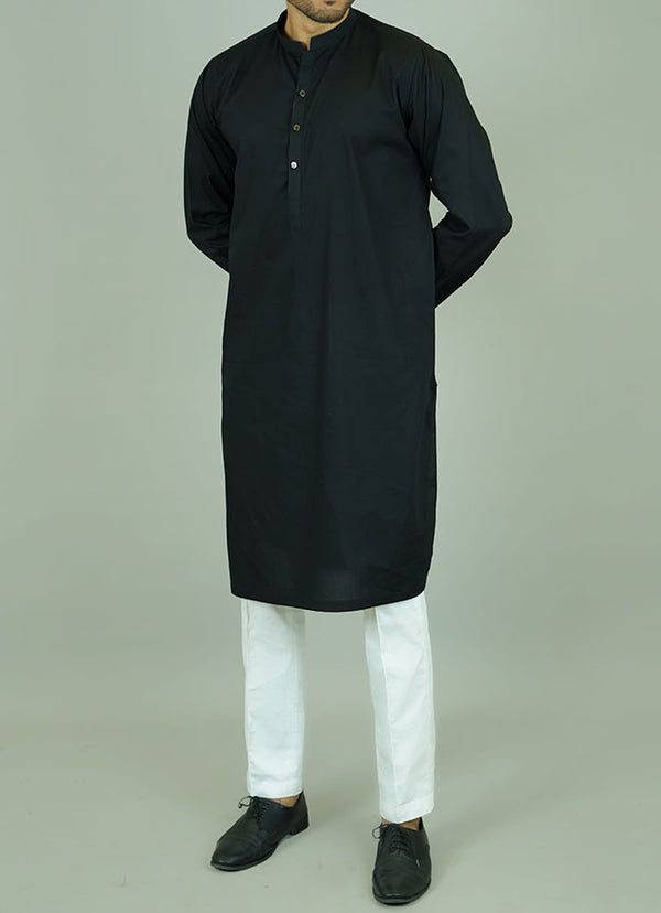 Black summer cotton kurta - Classic plain design for men with breathable fabric