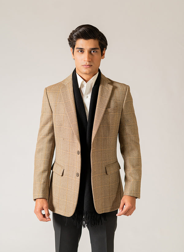 Beige Glen Plaid Checks Worsted Tweed Wool Rich Classic Blazer