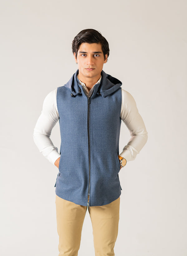 Plain Sky Blue, Wool Rich Worsted Tweed High Neck Sleeveless Hoodie