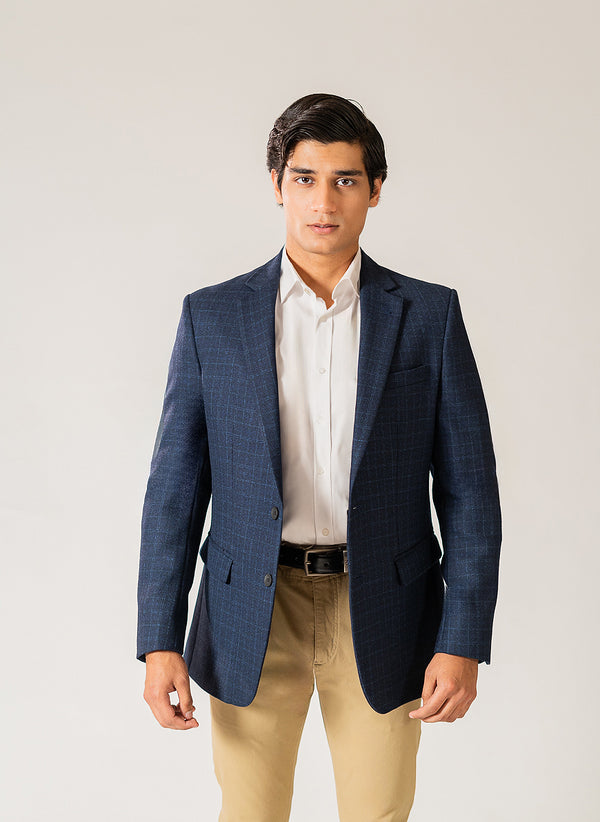 Blue Windowpane Checks Worsted Tweed Wool Rich Classic Blazer