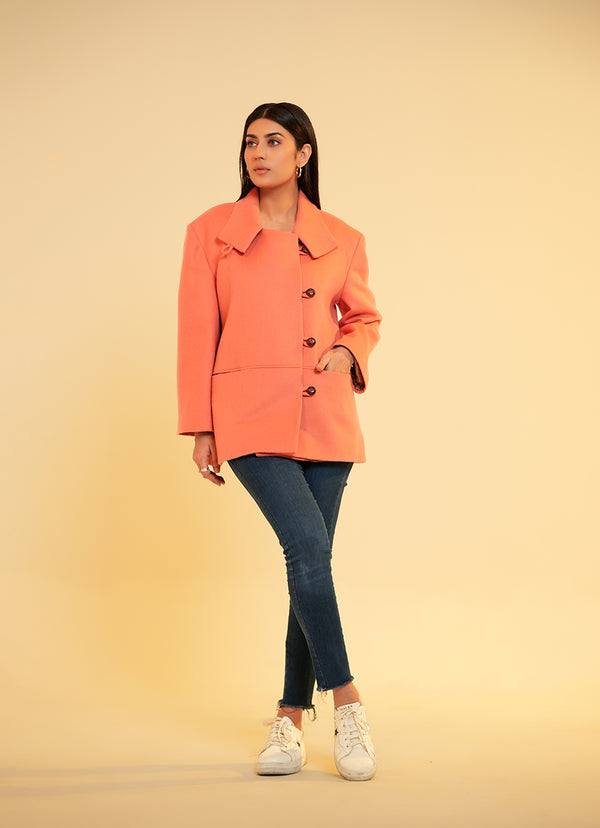 Ladies Coat High Neck -  Peach Plain