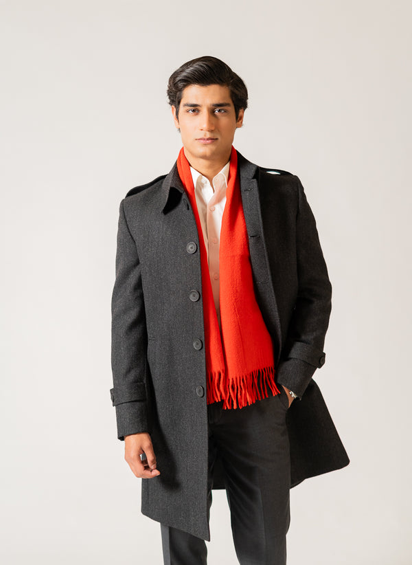 Plain Charcoal Grey, Wool Rich Worsted Tweed Long Coat