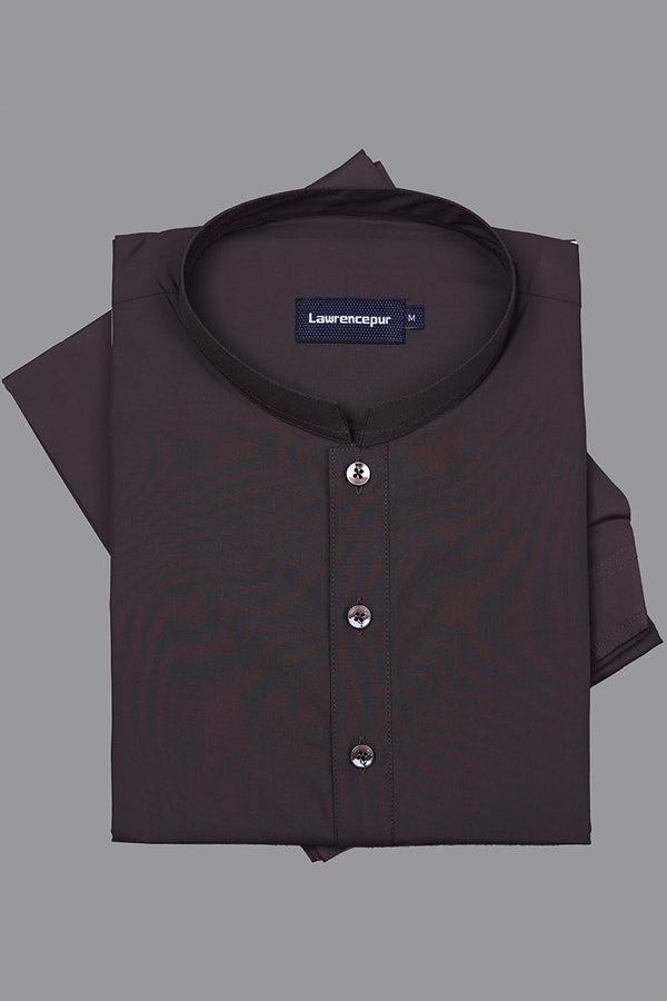 Dark brown plain men's shalwar kameez in poly viscose - side view-2260-22107-040-0-003