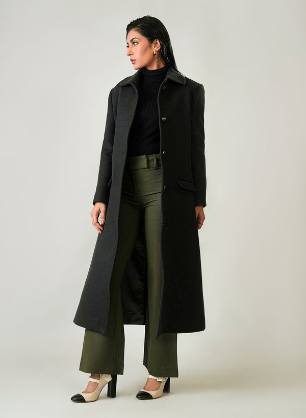 Elegant dark grey plain long coat for women, made from warm woolen fleece