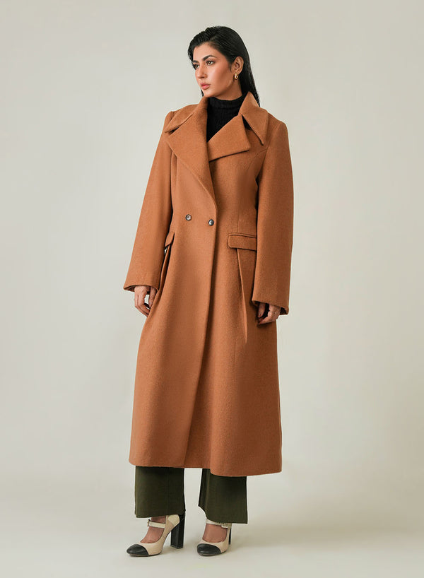 Camel brown plain long coat for women, made from warm woolen fleece fabric