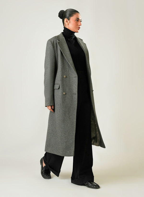 Charcoal grey plain long coat for women with a stylish lapel collar