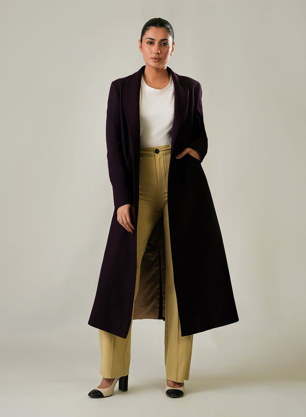 Royal purple plain long winter coat for ladies with a lapel collar