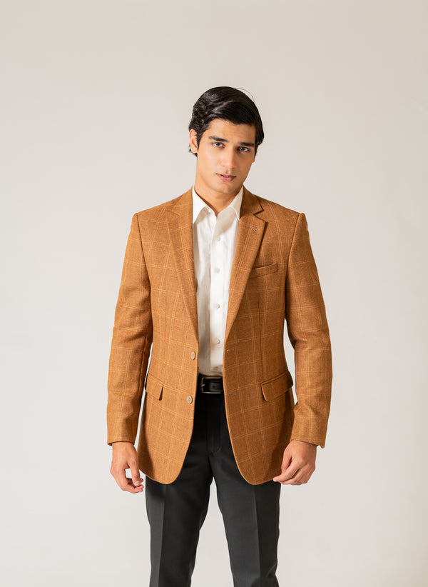 Brown Windowpane Checks Worsted Tweed Wool Rich Classic Blazer