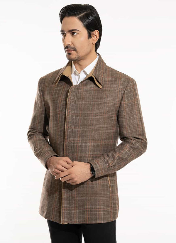 Brown Checks, Wool Rich Worsted Tweed Double Collar Jacket