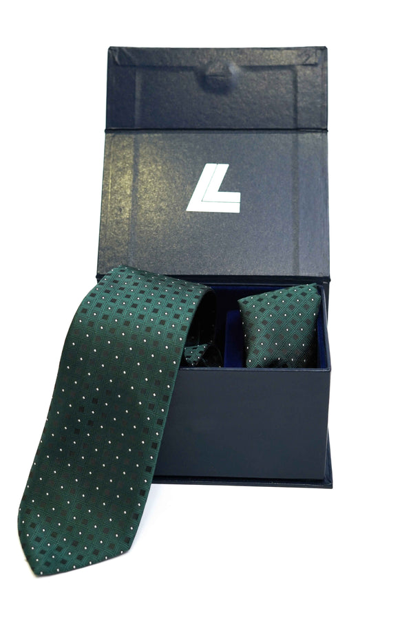 Tie & Pocket Square - Rich Silk Deep Green Checks