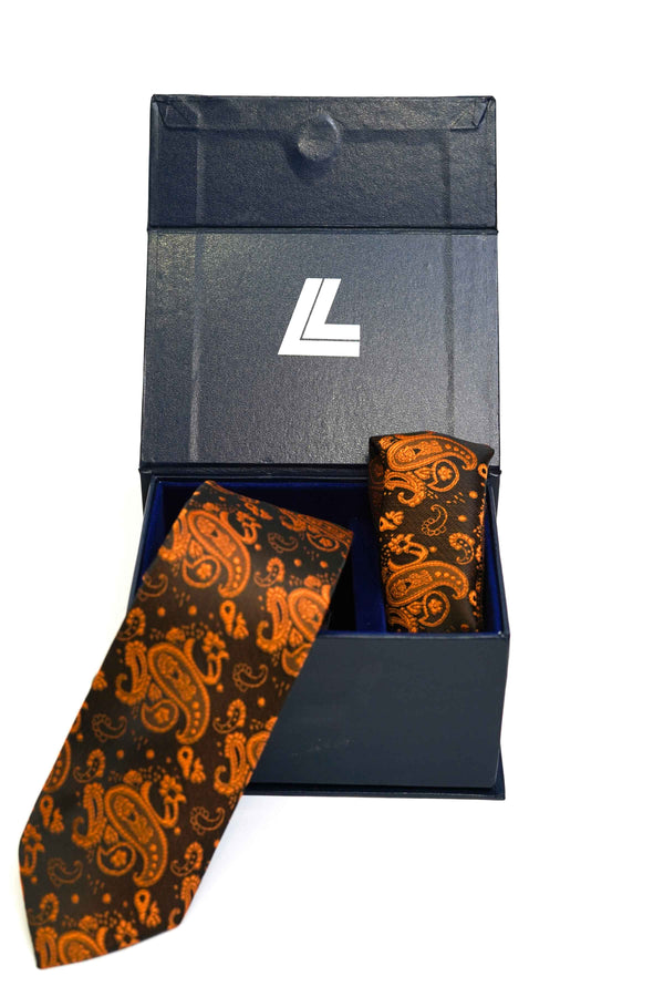 Tie & Pocket Square - Rich Silk Orange Design