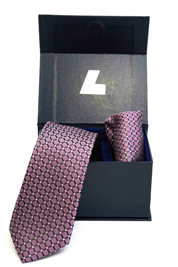 Tie & Pocket Square - Rich Silk Light Purple Checks