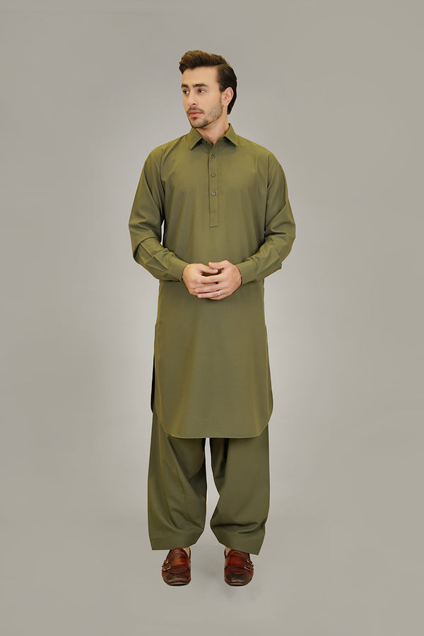 Shalwar Kameez - Sharda Olive Green Plain