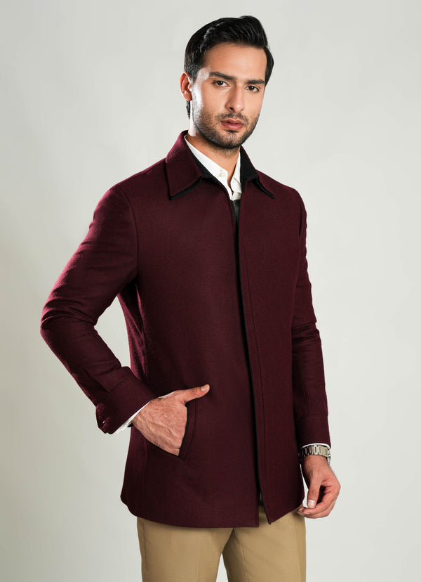 Double Collar Jacket - Worsted Tweed Maroon Plain