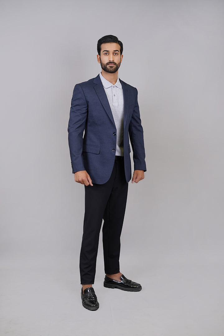 Navy Blue Textured Blazer – Premium Fit