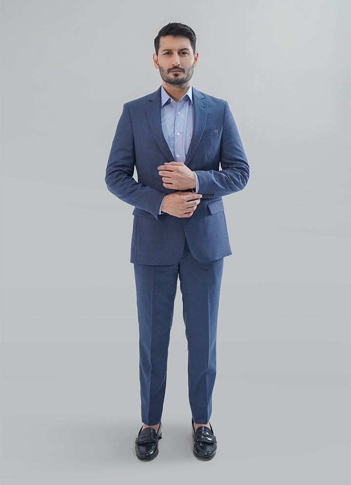 blue textured two piece suit featuring a blazer and matching trouser.