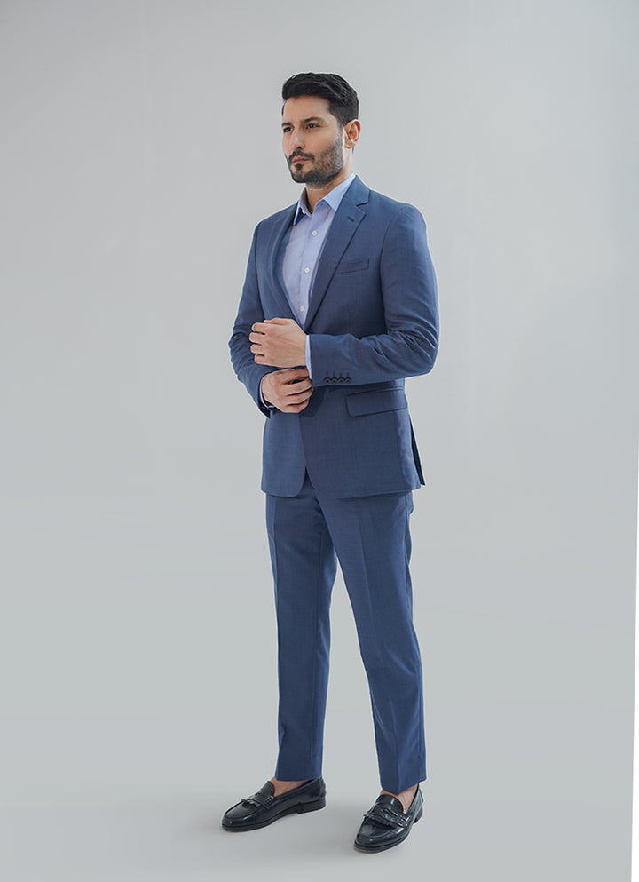 blue textured two piece suit featuring a blazer and matching trouser.