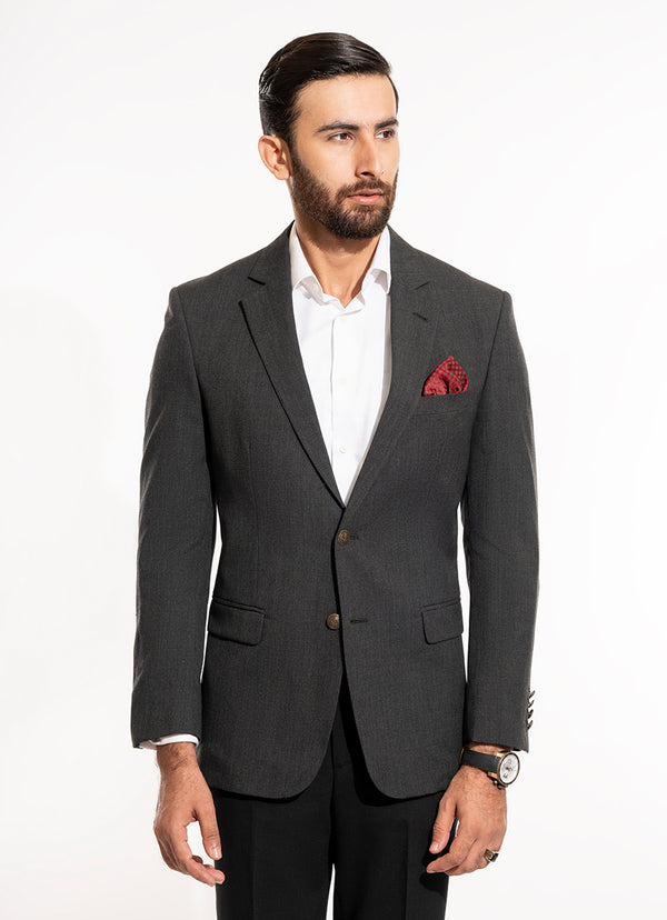 Melange Textured-Charcoal Grey, Wool Blend Classic Blazers