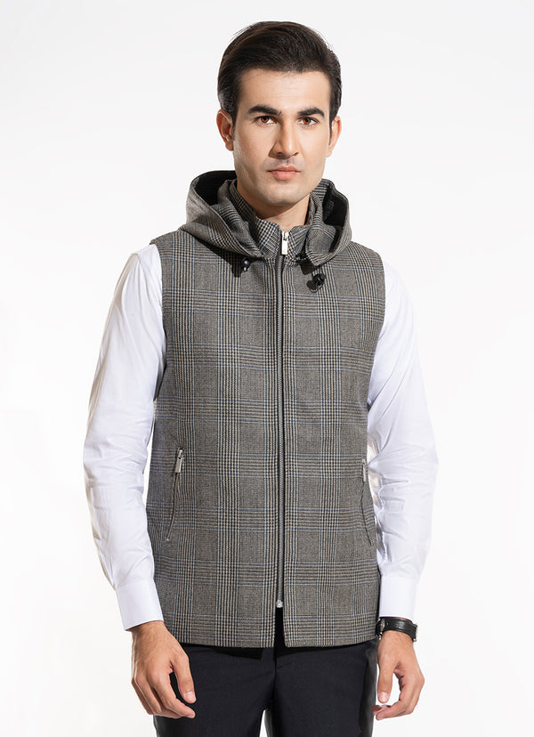 Glen Plaid Checks-Iron Grey, Wool Rich Worsted Tweed High Neck Sleeveless Hoodie