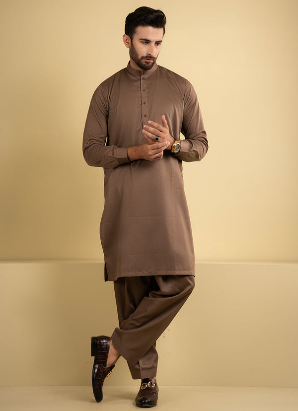 Caramel Brown Self Stripes Textured Alpha Cotton Shalwar Kameez