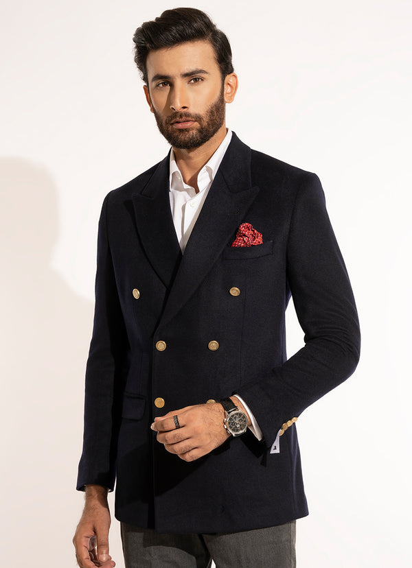 Plain-Midnight Blue, Wool Blend Fleece, Double Breasted Blazer