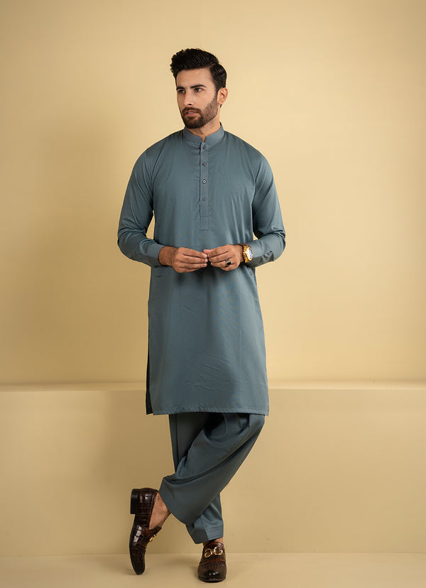 Teal Blue Self Stripes Textured Alpha Cotton Shalwar Kameez