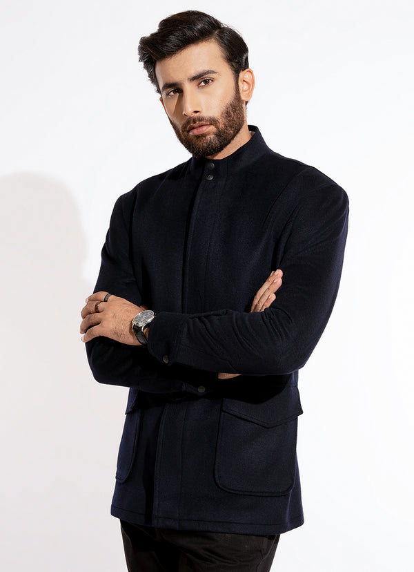Plain-Midnight Blue, Regular Fit, Wool Blend Fleece, Zipper Jacket
